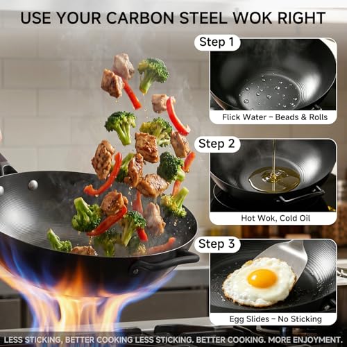 Image of 13.5 inch Pre-Seasoned Flat Bottom Carbon Steel Wok with Lid Spatula | Naturally Nonstick Woks & Stir-fry Pan, Black Traditional Chinese Cookware for Induction, Electric, Gas, Great for BBQ, Grill