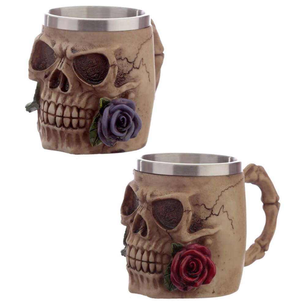 Puckator Men's Cranberry Decorative Skulls And Roses Tankard - Pint Glass - Viking Goblet - Fantasy Home Decoration - Beer Mugs - Viking Cup - Cool Glasses For Drinking - Tankers For - Resin
