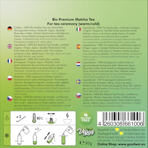Goodwei BIO Matcha aus Japan im Matcha-Set komplett mit hochwertiger Matcha Schale aus Keramik, Matcha Besen und Besenhalter | Geschenkset für Teezeremonie (Uji)