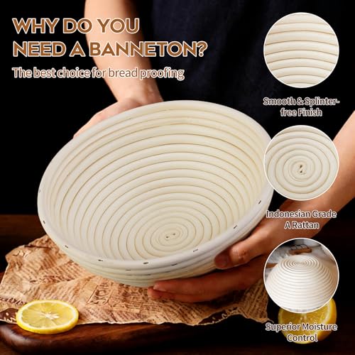 Image of Dimpola Banneton Proofing Basket for Sourdough Bread, Handmade & Natural Rattan - Round Dough Rising Basket for Baking - Perfect for Artisan Breads (Round of 2 Gift Set)