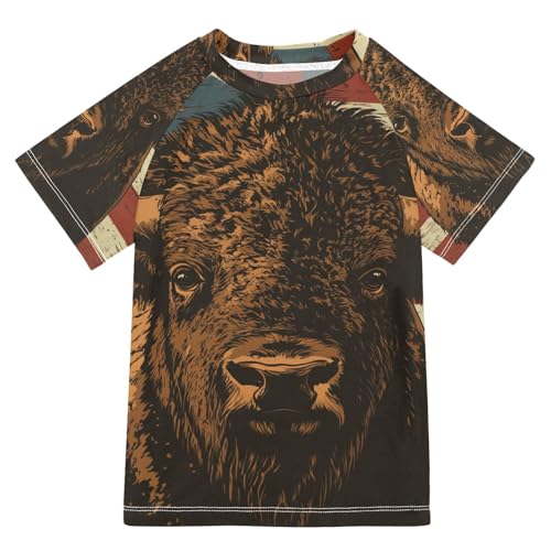 Boys Swing Shirts America Yak Flag Cow Rashguard Short Sleeve Kids T-Shirts Sun UPF 50+