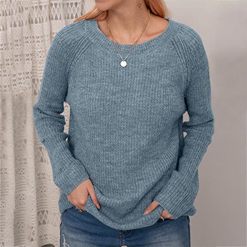 Genayge Women Loose Casual Pullover Knit Sweater Boat Neck Long Sleeve Winter Keep Warm Sweater Tops Blue #TOP2