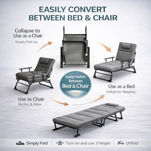 Image of 6-in-1 Adjustable Folding Bed for Adults with Cushion &Neck Pillow -6Ft Portable Recliner Camping Cot,Multi-Position Heavyduty Foldable Sleeping Bed for Home, Travel &Office Nap(200kg capacity)