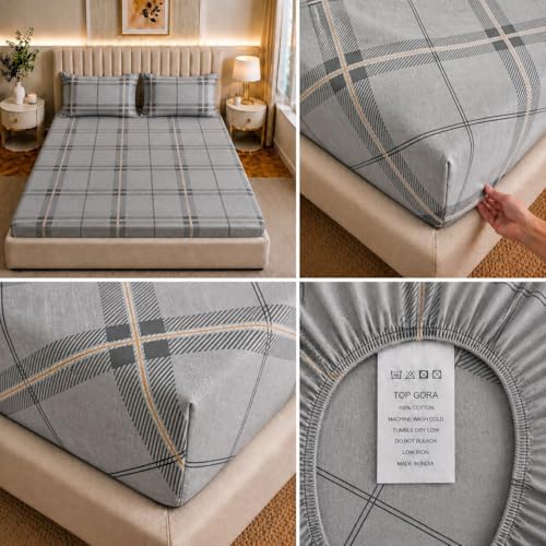 Image of Castiqa 400 TC Cotton Feels All Over Elastic Fitted Bedsheet Set Perfect Upto 10inch Mattress with 2 Matching Pillow Covers Size-18x28inch (Queen Size 60x78, Grey Check)