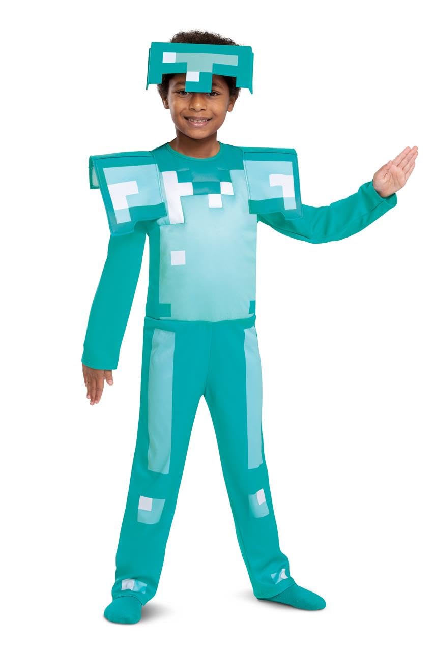 Minecraft Fantazyjna sukienka z diamentową zbroją dla dzieci, oficjalna sukienka Minecraft by Disguise, zawiera detale pikselowe i nakrycie głowy z diamentową zbroją, idealna na Halloween, dla dzieci