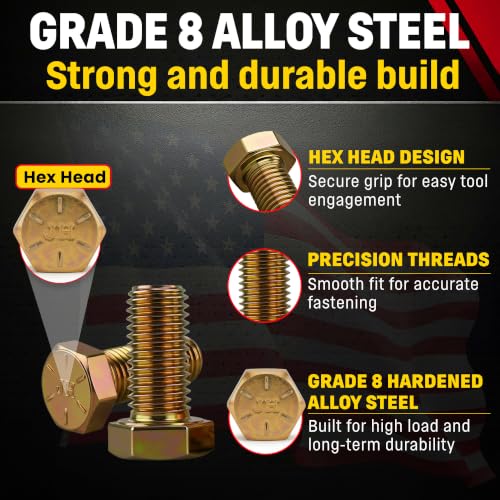 Image of Chenango Supply 5 /8-11 x 1-1 /2 inch Grade 8 Hex Head Cap Screws | Alloy Steel Hex Bolts, 150,000 PSI Tensile Strength, Yellow Zinc Chromate Finish, USS Coarse Thread Fasteners (10 Pack)