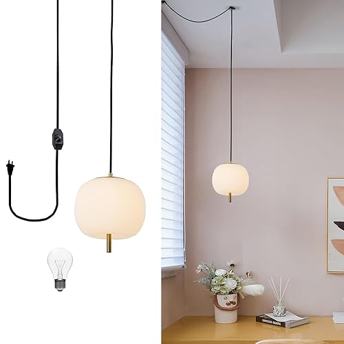 16ft Mid Century Pendant Light Fixture, White Frosted Glass Globe