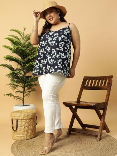 Image of Women Plus Size Navy Blue Floral Print Shoulder Strap A-line Top & Tunic 2XL /3XL /4XL /5XL /6XL /7XL /8XL