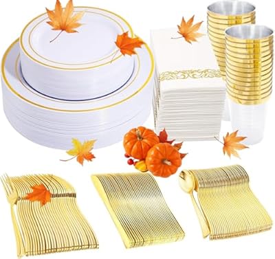 350 Pieces White and Gold Plastic Plates - 50 Guest Thanksgiving Dinnerware Set Include 100 Plates, 50 Gold Plastic Silverware, 50 Gold Napkins and 50 Gold Rim Cups for Thanksgiving