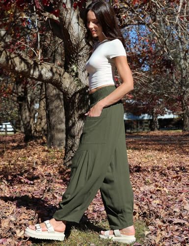 Image of TARSE Women's Linen Wide Leg Pants Baggy High Waist Palazzo Pants | Barrel Leg Fit, Harem Patch Pockets, Loose Casual Style, Breathable Fabric, Vacation Ready