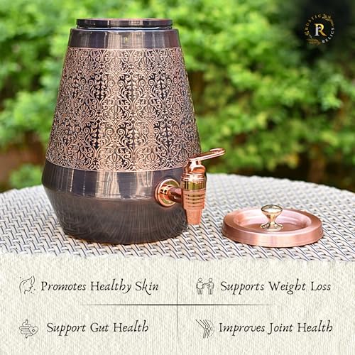 Image of Antique Copper Water Matka - 5L | with Eye Catching Embosed Engraving Design | Copper Water Storage Dispenser with Ayurvedic Health Beneifts | for Home and Offices Purpose