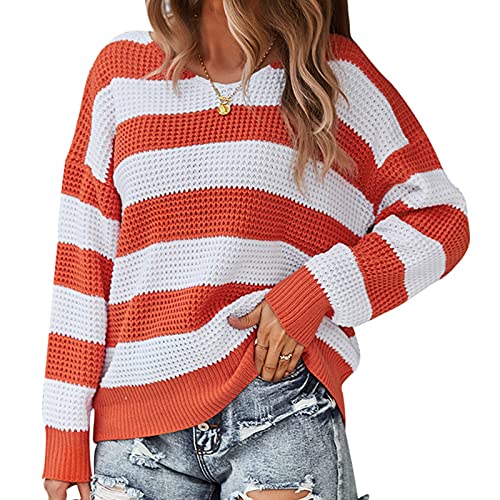 Briskorry Dames strepen lange mouwen gebreide trui ronde hals elegante trui losse tops shirt oversized ontspannen top stretch blouse gebreid mode hipster sweatshirt - Image 4