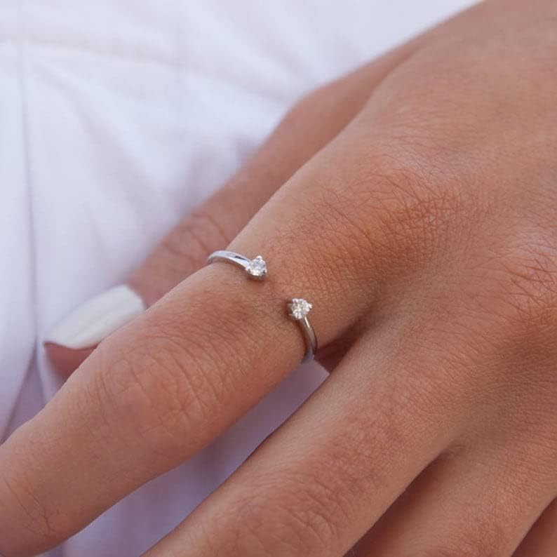 Round Cut White Diamond Open Matching Wedding Band for Women, 14K Gold Finish Ladies Diamond Minimal Two Stone Matching Band