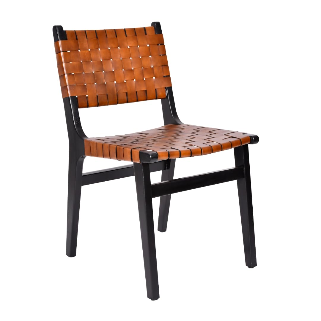 Kweeli Solid Acacia Wood & Genuine Leather Dining Chair | Handwoven Leather Seat | Stylish, Durable & Cushion-Free | Perfect for Kitchen, Dining Room & Restaurant (Tan)-image-49