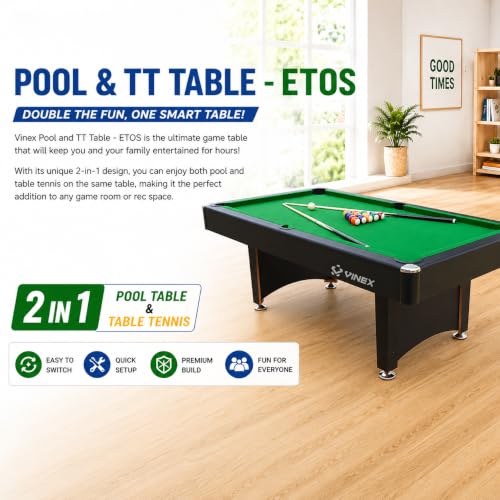 Image of VINEX Snooker and Table Tennis Table (7 x 3.9 FET), ETOS 2 in 1 Pool Table with TT Top Indoor Game Table, MDF Construction with Complete Accessories Set for Home, Office