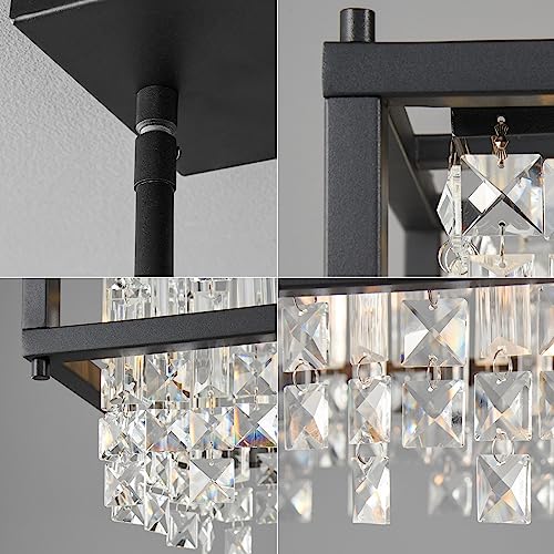 Image of LMQNINE Modern Rectangle Chandelier for Dining Room, Black Crystal Chandelier Linear Light Fixture, Farmhouse Chandeliers for Kitchen Island, Bar Table, L25.98'' x W9.84'' x H8.66''