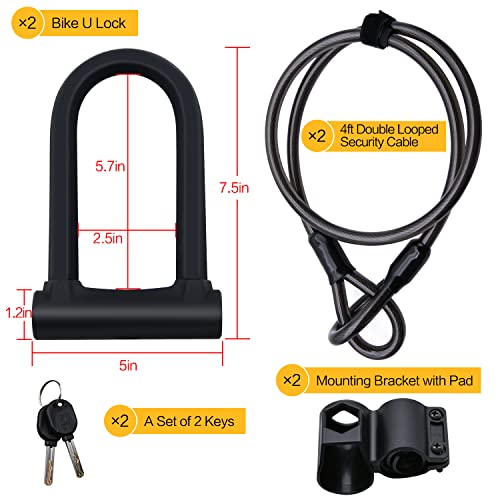 Bike U Locks, 2 Pack Bike U Locks, 16Mm Bike Lock Bicycle U Lock With 4Ft Cable And Sturdy Mounting Bracket, Heavy Duty Bike U Lock For Road Bike Mountain Bike Electric Bike Folding Bike #TOP1
