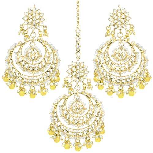 Image of Peora Traditional Jewellery Rhodium Kundan & Pearl Maang Tikka Earring Set for Women Girls