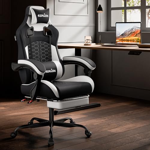 SUKIDA Gaming Stuhl, Ergonomischer Gaming-Stuhl mit Fußstütze, Racing Gaming Chair Kopfstütze Verstellbarer Computerstuhl Höhenverstellbar… – Ansicht 2
