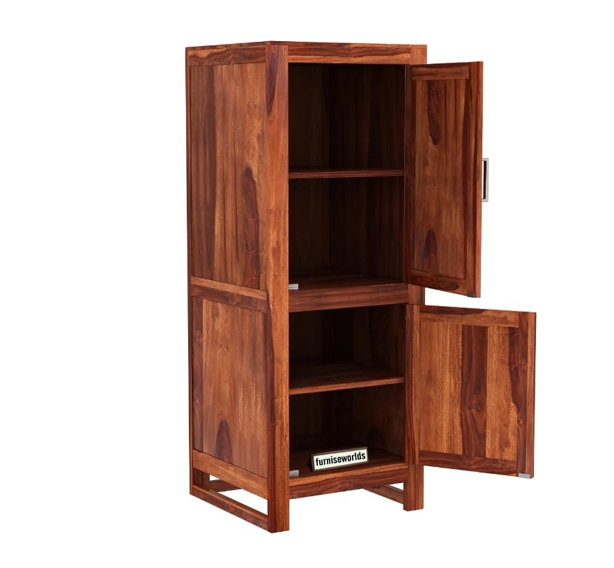Image of Sheesham Wood Wardrobe with 2 Door and 4 Shelves Storage for Bedroom Wooden Almirah for Clothes for Living Room Bedroom Home, Solid Wood Furniture (Honey Oak)