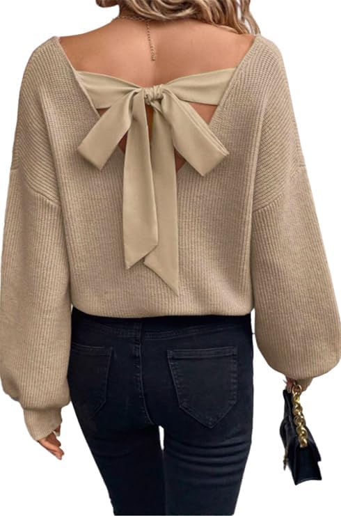Chvity Women Sexy Backless Bow Tied Long Lantern Sleeve Pullover Sweaters Fall Winter Trendy Clothes