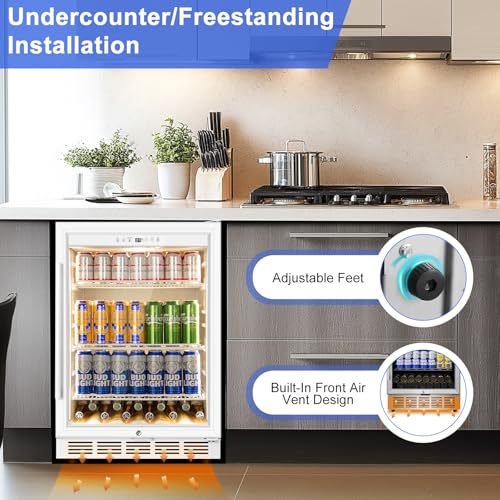 Image of 24 Inch Beverage Refrigerator with Glass Door, Undercounter Beverage Fridge 200 Cans Large Capacity, Beverage Cooler for Beer Soda with Reversible Door, Temperature Control, Safety Lock, White
