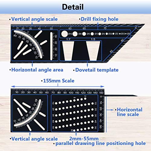 ZOTA 2PCS Woodworking Tools, 3D Mitre Angle Measuring Ruler-Aluminum Alloy Carpentry Tools -45/90 Degree Angle T Ruler with Punctuation Marking Gauge & Hole Scribing wood working gift for Men