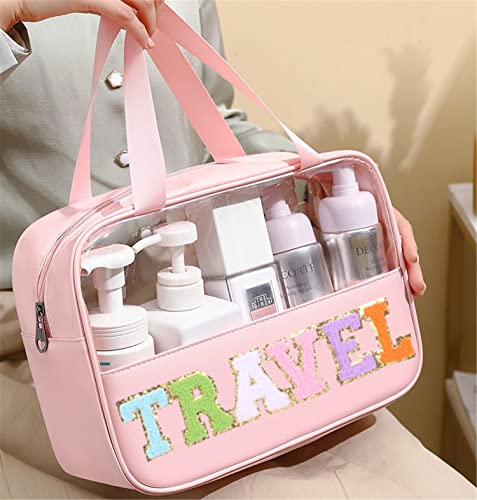 Cruoxibb Chenille Letter Patch Clear Pvc And Pu Leather Large Travel Makeup Toiletry Storage Bag Waterproof Makeup Tote Bag For Women (Travel-Pink) #TOP5