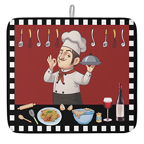 LIFEMUSION Chef Gourmet on Red Backdrop Dish Drying Mat for Kitchen Counter, Black White Checkered Baby Bottle Microfiber Drying Pad, Absorbent Coffee Cup Dishes Drainer Mats 18''x24''