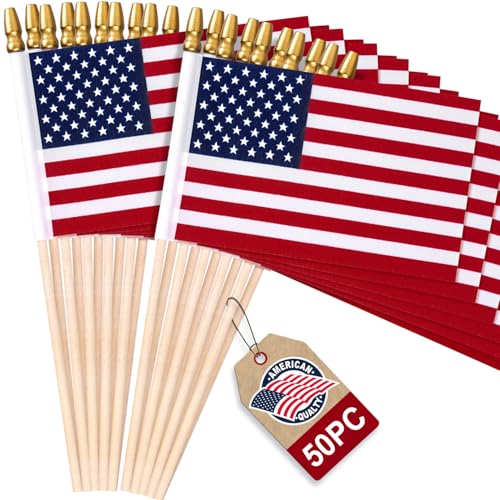 50 Pack Small American Flags on Stick, 4x6 Inch...