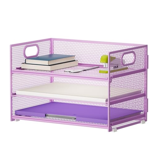 Marbrasse Desk Organiser,3 Tire Letter Paper Tray Organiser with Handle,Mesh Desk Organiser Tray for A4 File,Home Office Supplies(Purple)