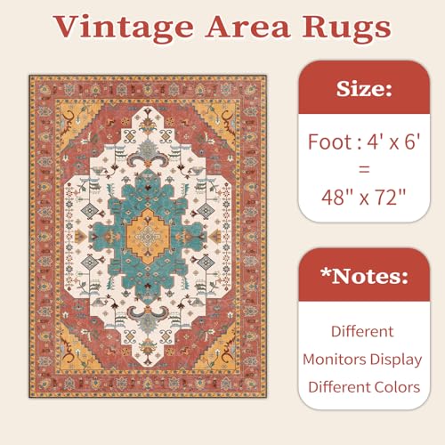SERISSA Bedroom Rug 4x6 Boho Rug, Vintage Orange Washable Area Rugs Non Slip, Ultra Soft Print Distressed Low-Pile Throw Rug Carpet for Nursery Dorm Kitchen Living Room Decor