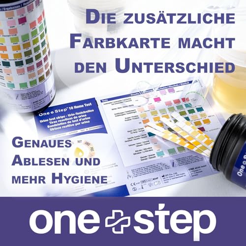 100 x One+Step Urin Teststreifen für 10 Parameter I Mit Farbkarte für genaues hygienisches Ablesen I Keton, Glukose, Bilirubin, spez. Dichte, Blut, pH, Protein, Urobilinogen, Nitrit, Leukozyten