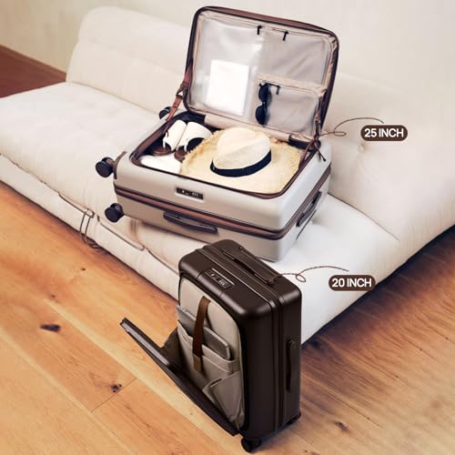 Image of NINETYGO Carry On Luggage 22x14x9 Airline Approved, Top Opening 20 Inch Suitcase with Front Compartment, Expandable, Coffee-Infused PC Shell, Eco-Friendly, Cup Holder, TSA, Spinner Wheels (Americano)