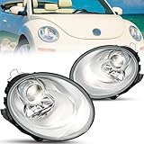 TUSDAR Chrome Headlights Assembly Fit for VW Volkswagen 2006-2010 Beetle 2-Door Convertible Hatchback Halogen Projector Driver & Passenger Side Headlights Headlamps VW2519109 VW2518109
