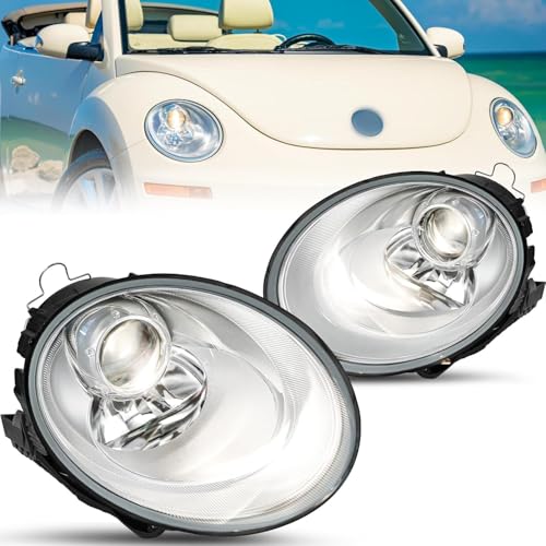 TUSDAR Chrome Headlights Assembly Fit for VW Volkswagen 2006-2010 Beetle 2-Door Convertible Hatchback Halogen Projector Driver & Passenger Side Headlights Headlamps VW2519109 VW2518109