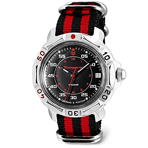 VOSTOK | Komandirskie Russian Army Commander Classic Military Mechanical Wrist Watch | Fashion | Business | Casual Menâ€™s Watches | Model 811172 Black-Red Strap BÂ®