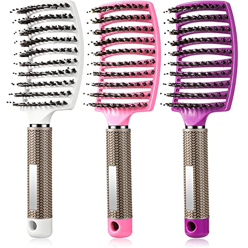 3 Pieces Curved Vented Boar Bristle Hair Brushes Fast Dry Detangling Hair Brush Fast Blow Detangling Hair Styling Brush for Women Men Wet Dry Curly Thick Straight Hair (White, Pink, Purple)
