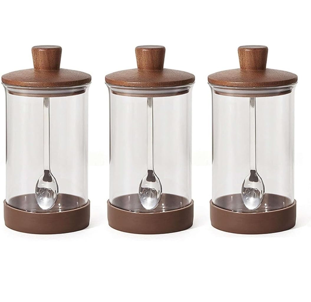 AZHKJKZH Seasoning Box Set Glass Spice Jars Bottles With Wood Lid Seasoning Jar Set For Salt Sugar Salt Sugar Jar(3Pieces)