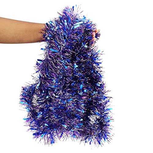 BELLE VOUS Blue, Purple and Silver Christmas Tinsel - 10m / 32.8ft Shiny Metallic Christmas Tree Hanging Garland - Chunky Tinsel for Indoor/Outdoor Party Decorations & Festivals