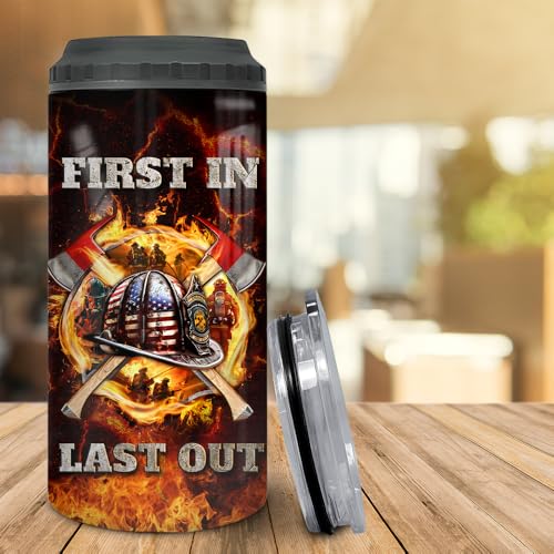 Image of SANDJEST Firefighter Tumbler American Flag 4 in 1 12oz Tumbler Can Cooler Coozie Skinny Stainless Steel Tumbler Gift for Firemen Fire Department Dad Men Father Graduation Retirement