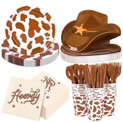 FYSUIMU 175 Pcs Cowboy Tableware Sets Serves 25 Guests Brown Rodeo Hat Cow Print Plates Napkins Cups Fork Knife Spoon Disposable Dinnerware for Western Birthday Cowgirl Party Supplies