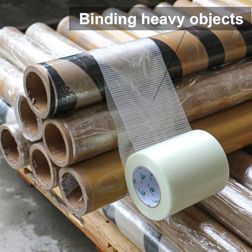 Image of BOMEI PACK Wide Fiber Reinforced Packing Tape 6 inch, Clear Heavy Duty Bi Directional Filament Strapping Tape 6Inch x 55yds 6.7Mil