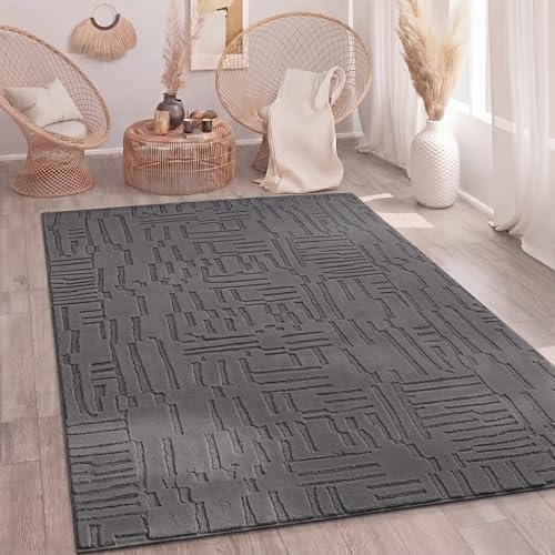 Paco Home Tapis Salon Chambre Poils-Hauts Scandinave Boho Style Géométrique Abstrait Uni Moelleux 3D Anthracite, Dimension:160x220 cm