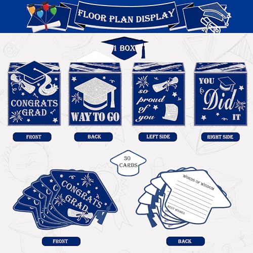 Image of AYGXU graduation card box Holder 2026 with 30pcs graduation cards,Graduation party Decorations,graduation box for gifts and Cards,graduation money box,Graduation Party favors Supplies-Royal Blue box