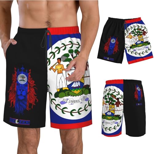 Belizean Flag Map Men's Swim Trunks Beach Shorts Drawstring Quick Dry Running Shorts with Pockets