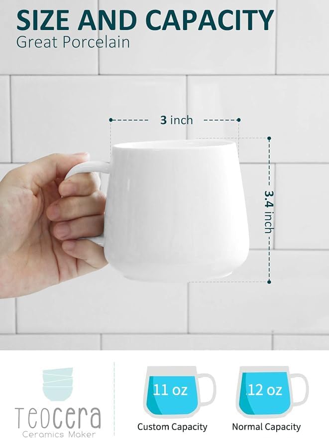 Teocera Porcelain Coffee Mugs Set of 4-12 Ounce Cups with Handle for Hot or Cold Drinks like Cocoa, Milk, Tea or Water - Smooth Ceramic with Modern Design, White