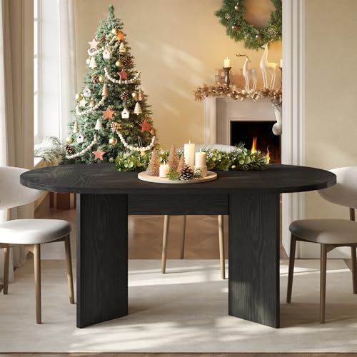 Image of LITTLE TREE 63 inch Rustic Oval Dining Table for 4-6, Sturdy MDF Farmhouse Kitchen Table with Metal Strip Base, for Living Room, Office, Restaurant, Multi-Use, Black