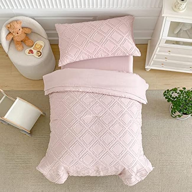 4 Pieces Tufted Toddler Bedding Set Light Pink Jacquard Tufts, Soft and Embroidery Shabby Chic Boho Bohemian Design for Baby Girls, Includes Comforter, Flat Sheet, Fitted Sheet and Pillowcase