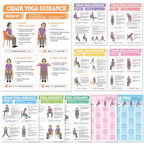 10Pcs Chair Yoga Poster for Seniors Beginners-Set of 8 Illustrated Guides & 2 30-Day Challenges Stretching and Gentle Chair Yoga Chart Wall Art For Balance Flexibility Weight Loss(11 x 8.7 Inch